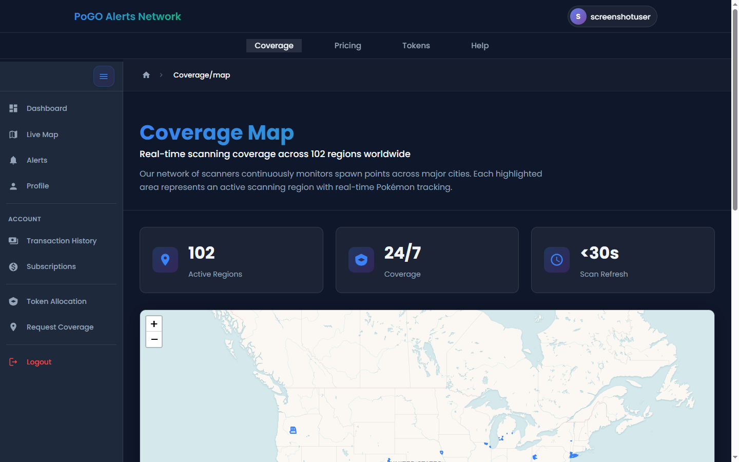 Coverage map showing available regions and their boundaries