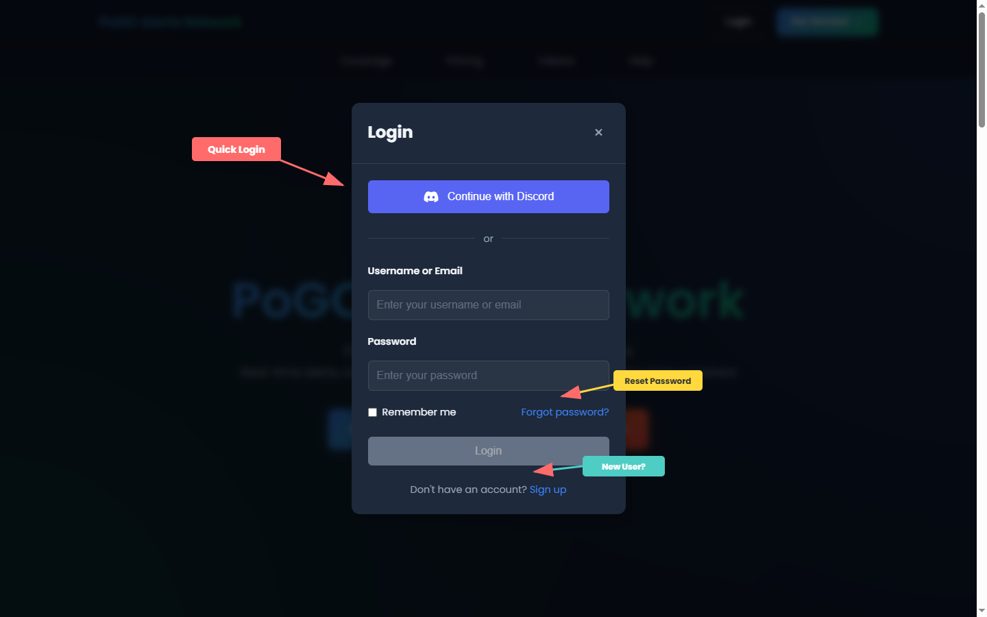 Login dialog showing Discord OAuth option with annotations