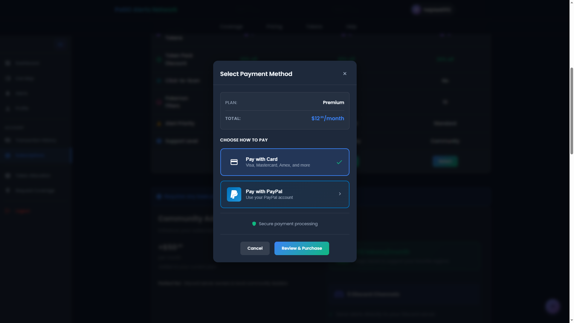 Payment method selection showing Stripe and PayPal options