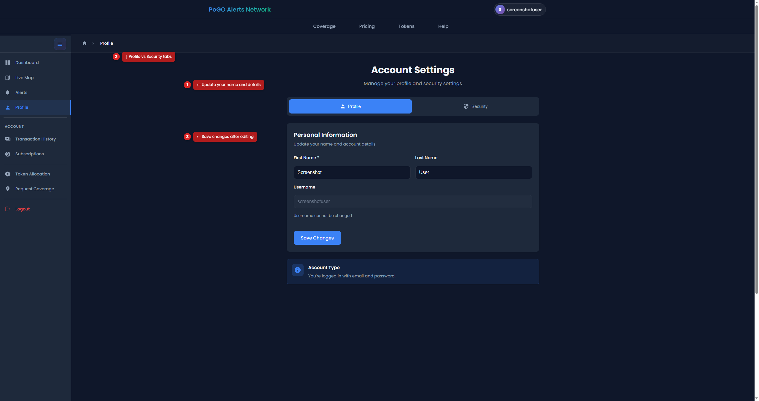 Profile page showing personal information, email, password, and Discord connection sections with annotations