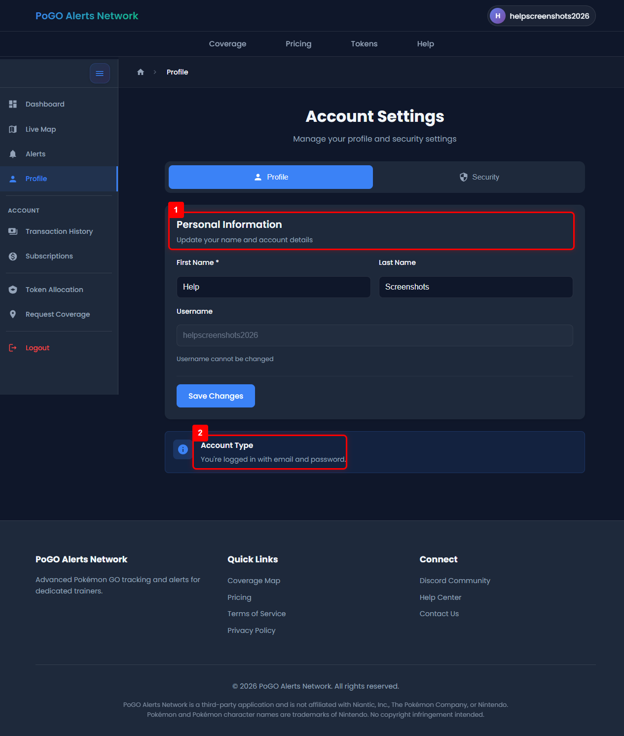 Profile settings page showing account information and Discord linking options
