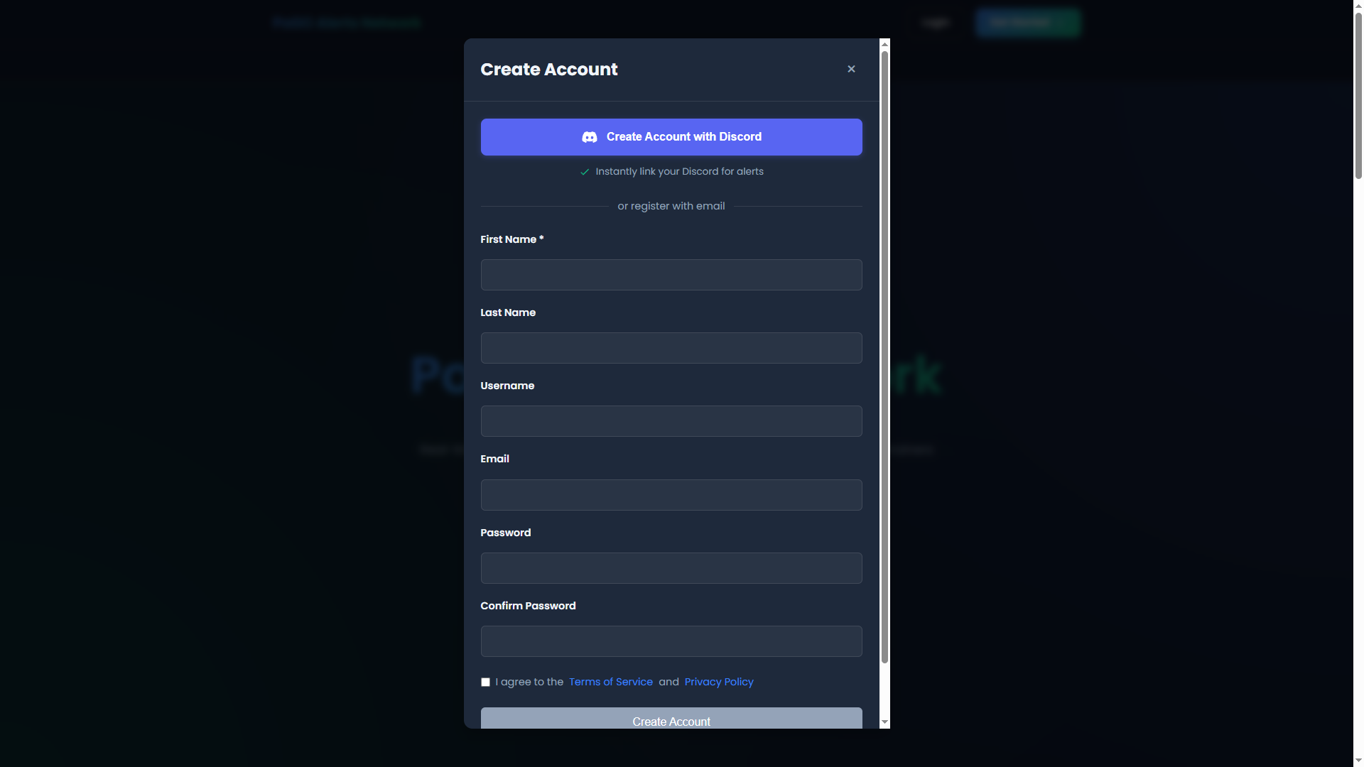 Registration form showing the sign-up fields