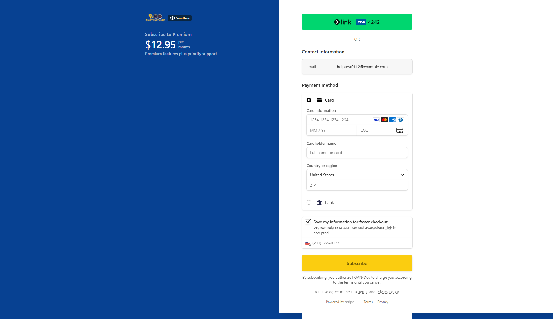 Stripe checkout page for entering card details