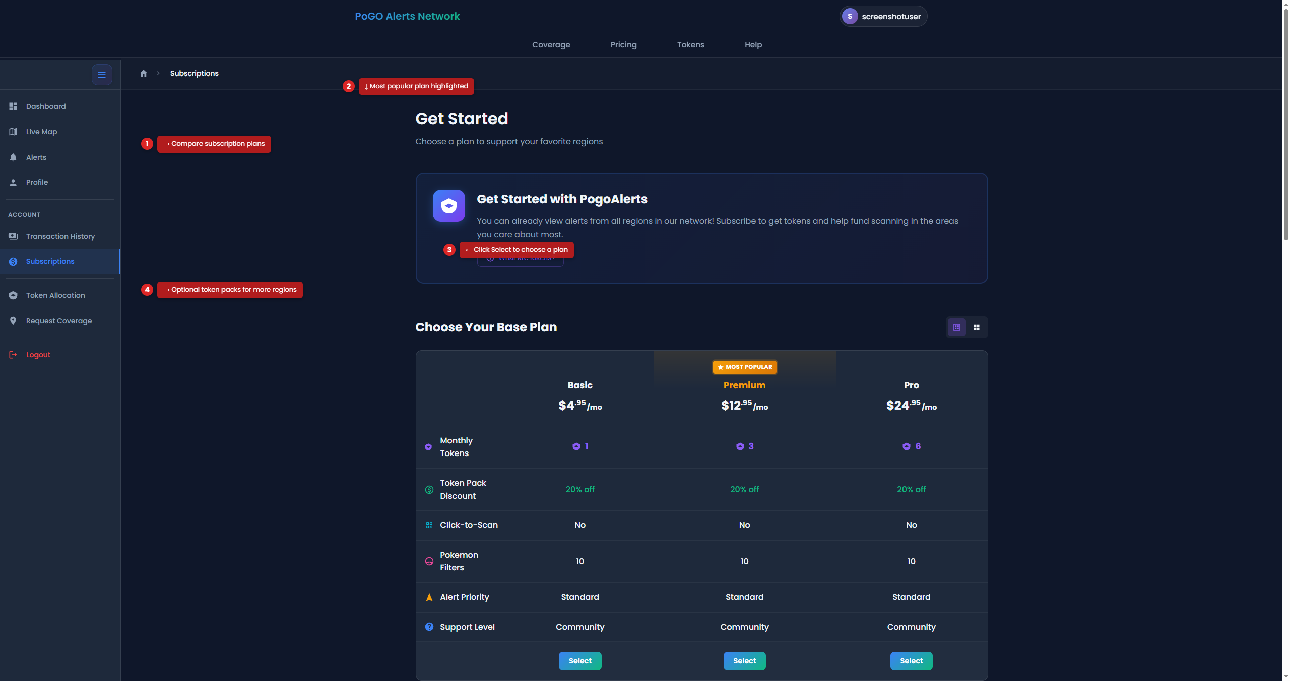 Subscriptions page showing current plan and management options with annotations