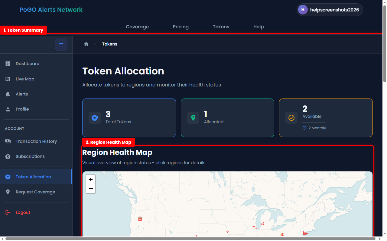 Token Allocation page showing token summary, region health map, and your allocations