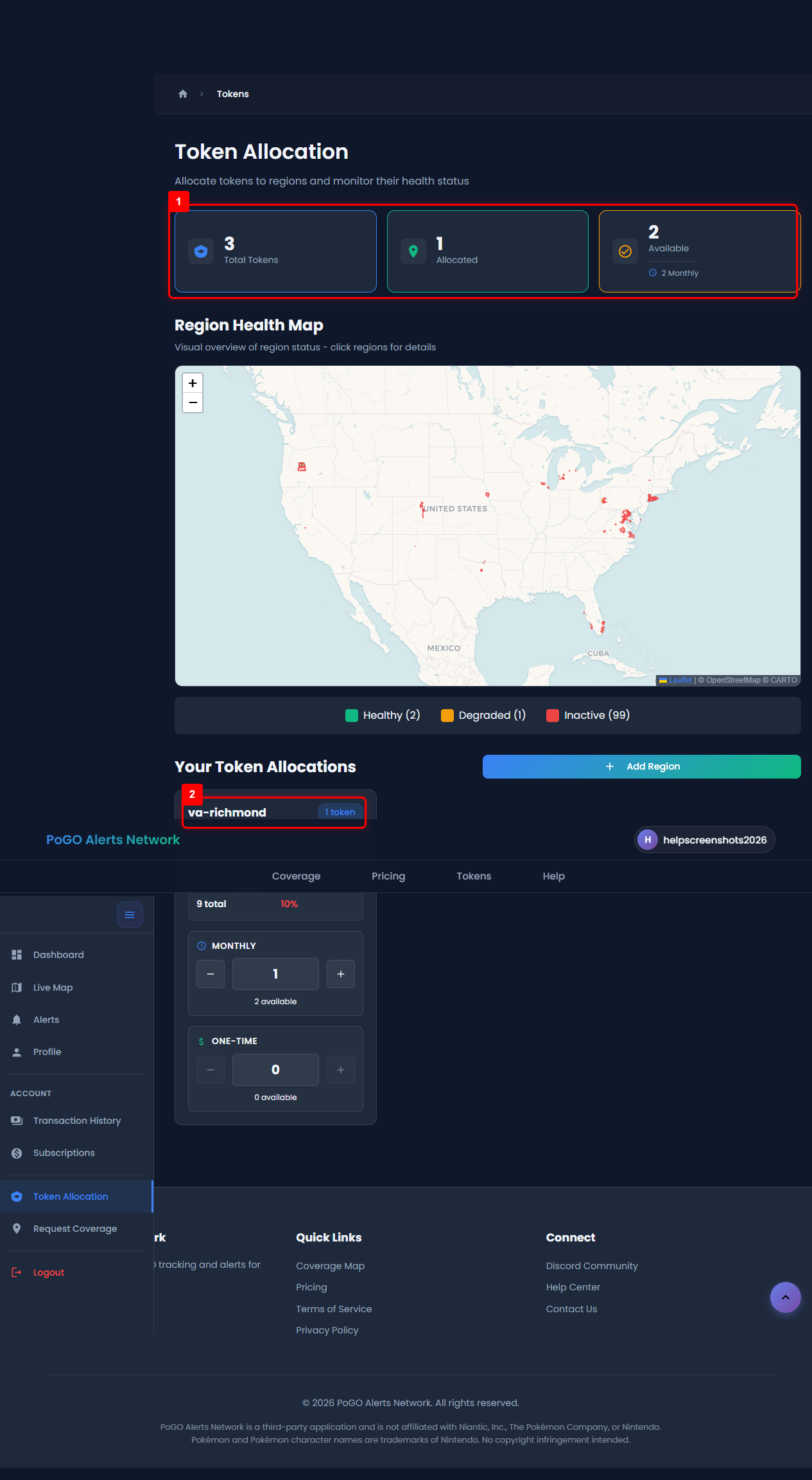 Token Allocation page showing map and available tokens
