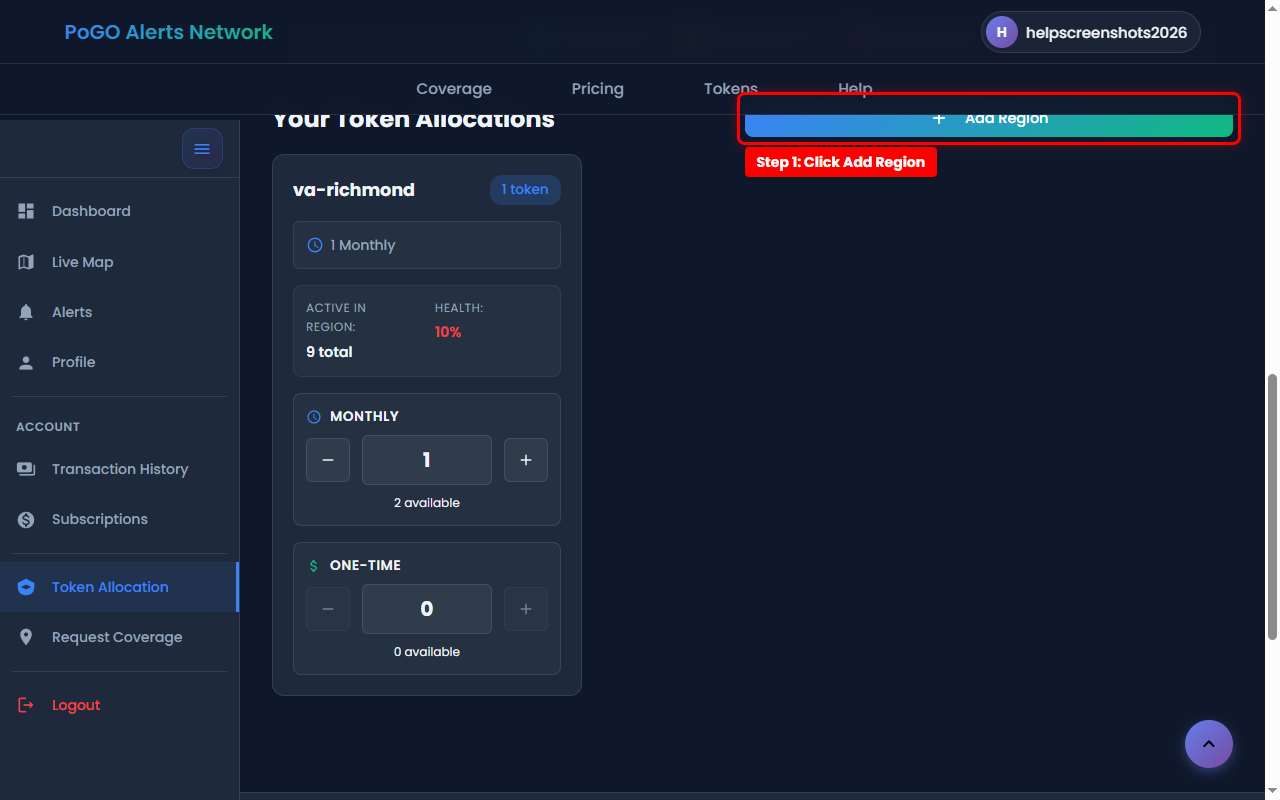 Click the Add Region button to start allocating tokens