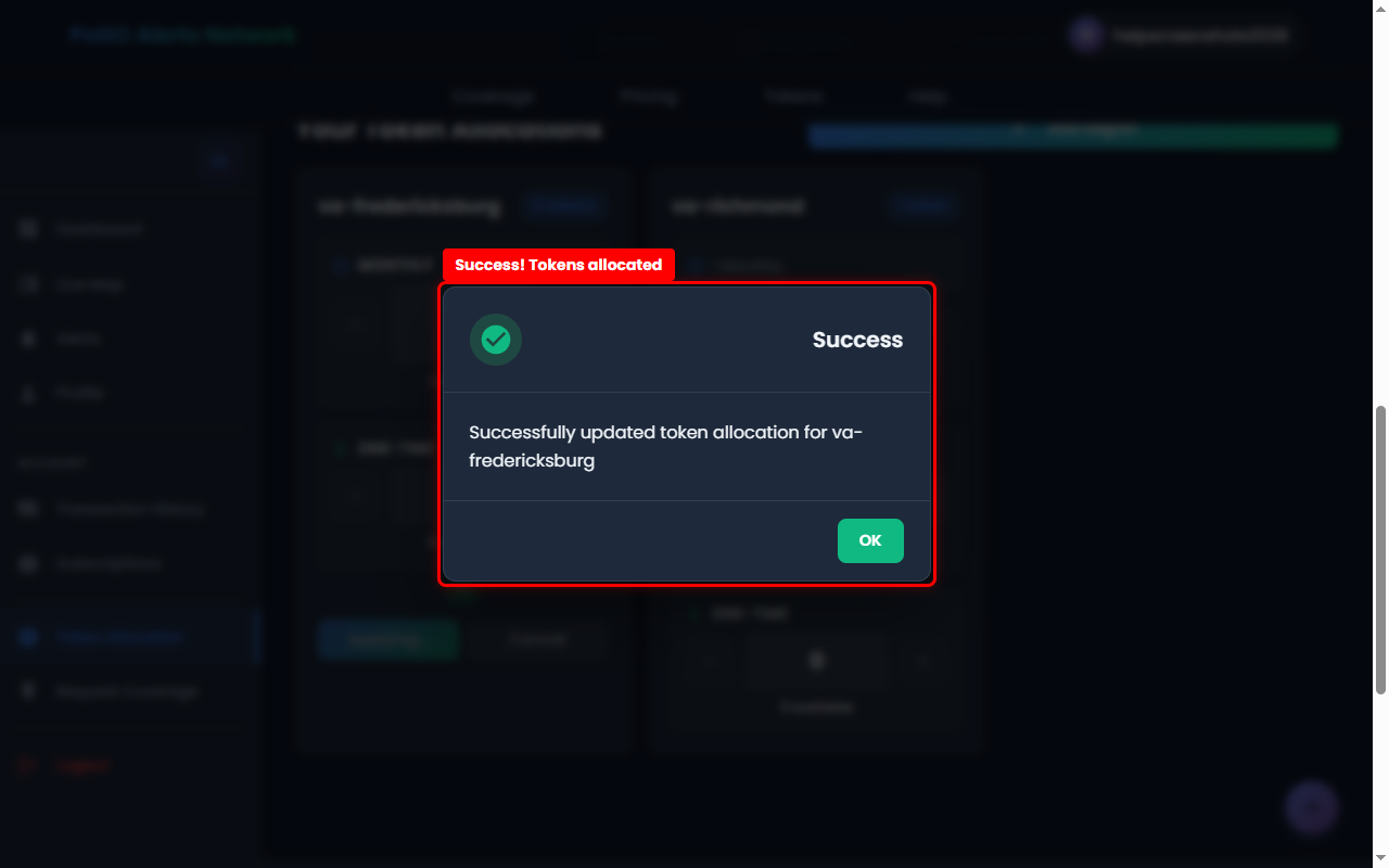 Success message confirming token allocation