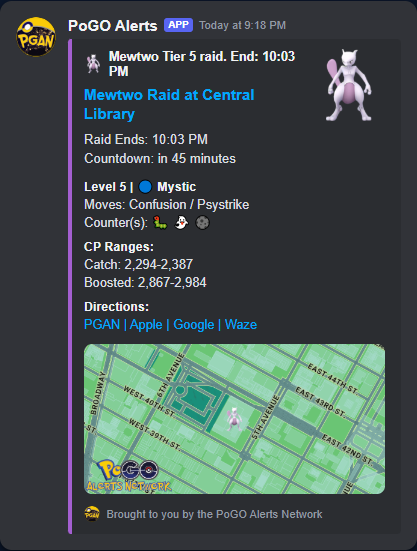 Mewtwo Raid at Central Library Discord alert preview