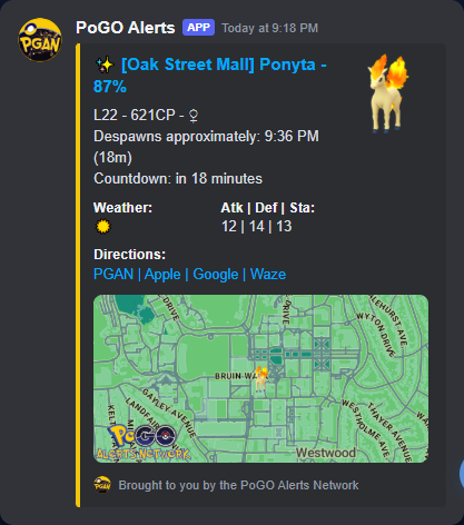 ✨ [Oak Street Mall] Ponyta - 87% Discord alert preview